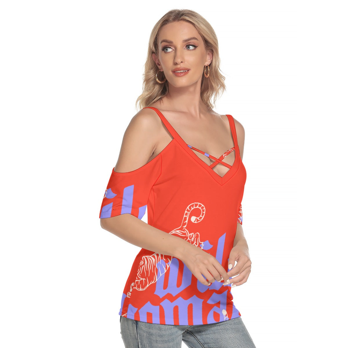 All-Over Print Women's Cold Shoulder T-shirt With Criss Cross Strips