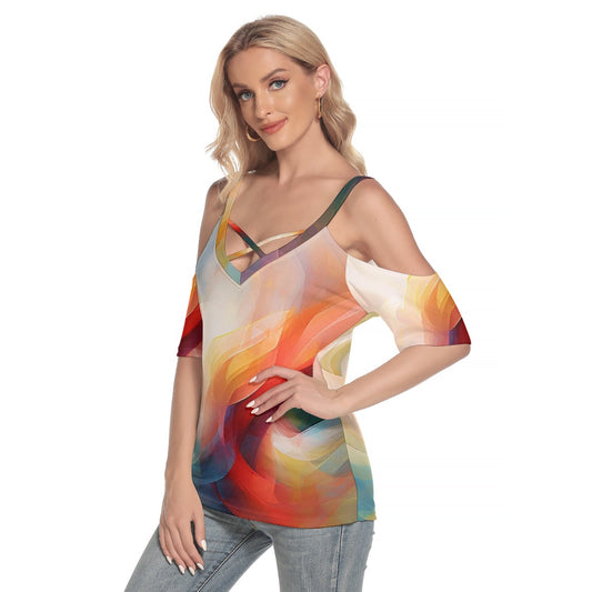 All-Over Print Women's Cold Shoulder T-shirt With Criss Cross Strips