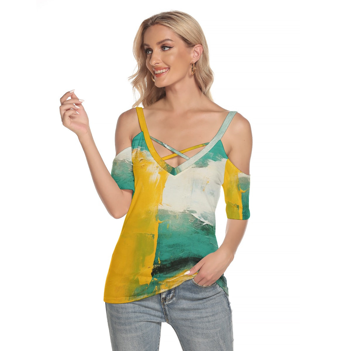 All-Over Print Women's Cold Shoulder T-shirt With Criss Cross Strips