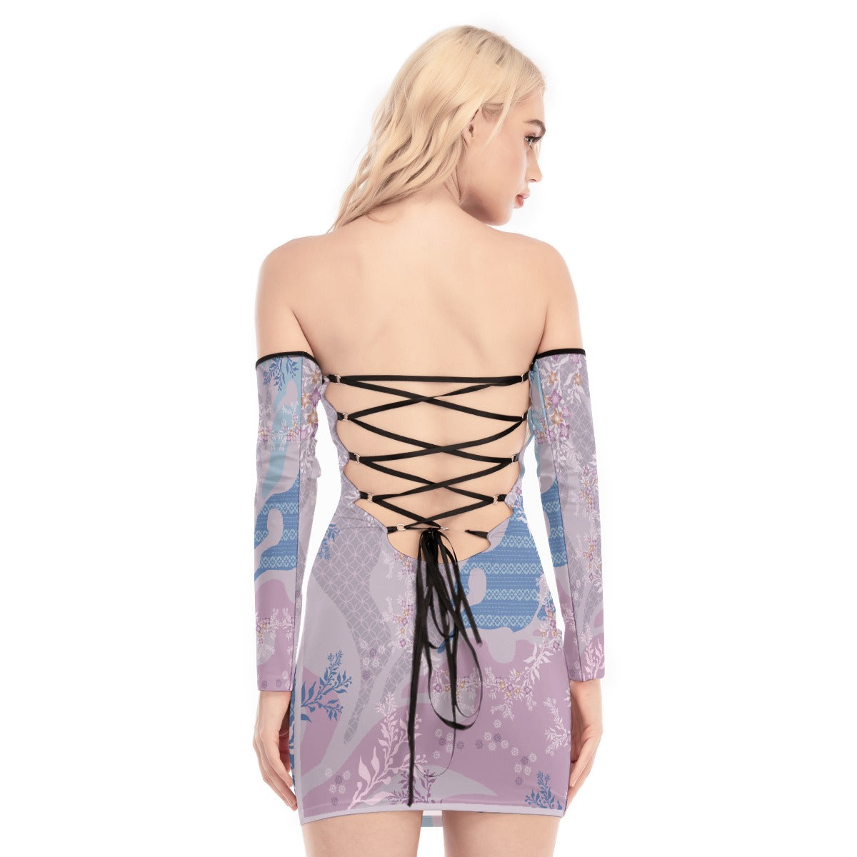 All-Over Print Women's Off-shoulder Back Lace-up Dress