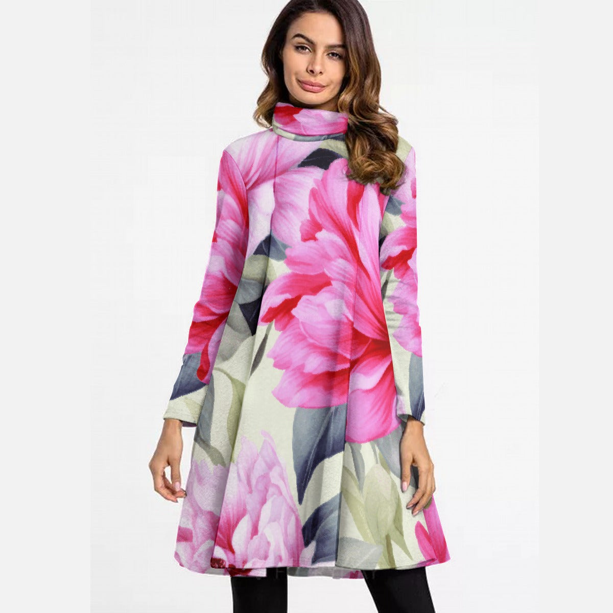 All-Over Print Women's High Neck Dress With Long Sleeve