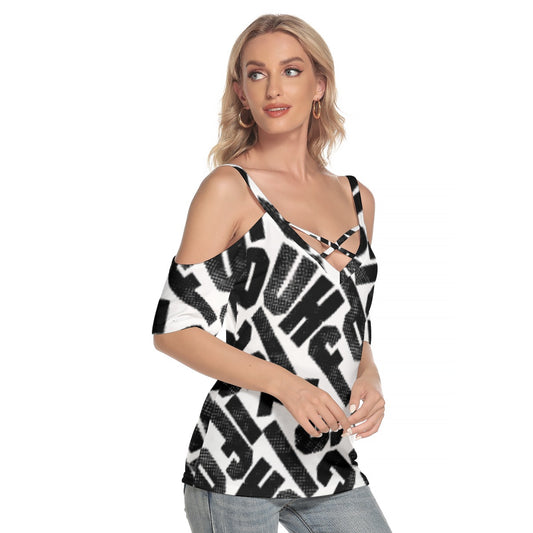 All-Over Print Women's Cold Shoulder T-shirt With Criss Cross Strips