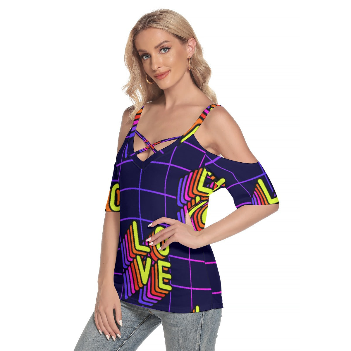 All-Over Print Women's Cold Shoulder T-shirt With Criss Cross Strips