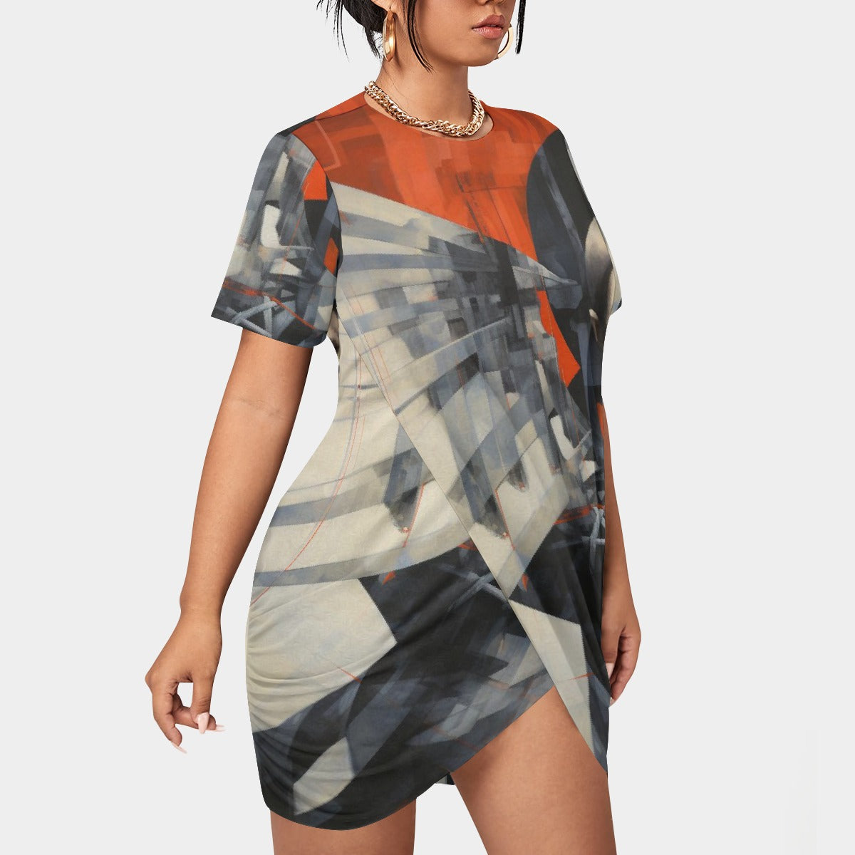 All-Over Print Women’s Stacked Hem Dress With Short Sleeve（Plus Size）