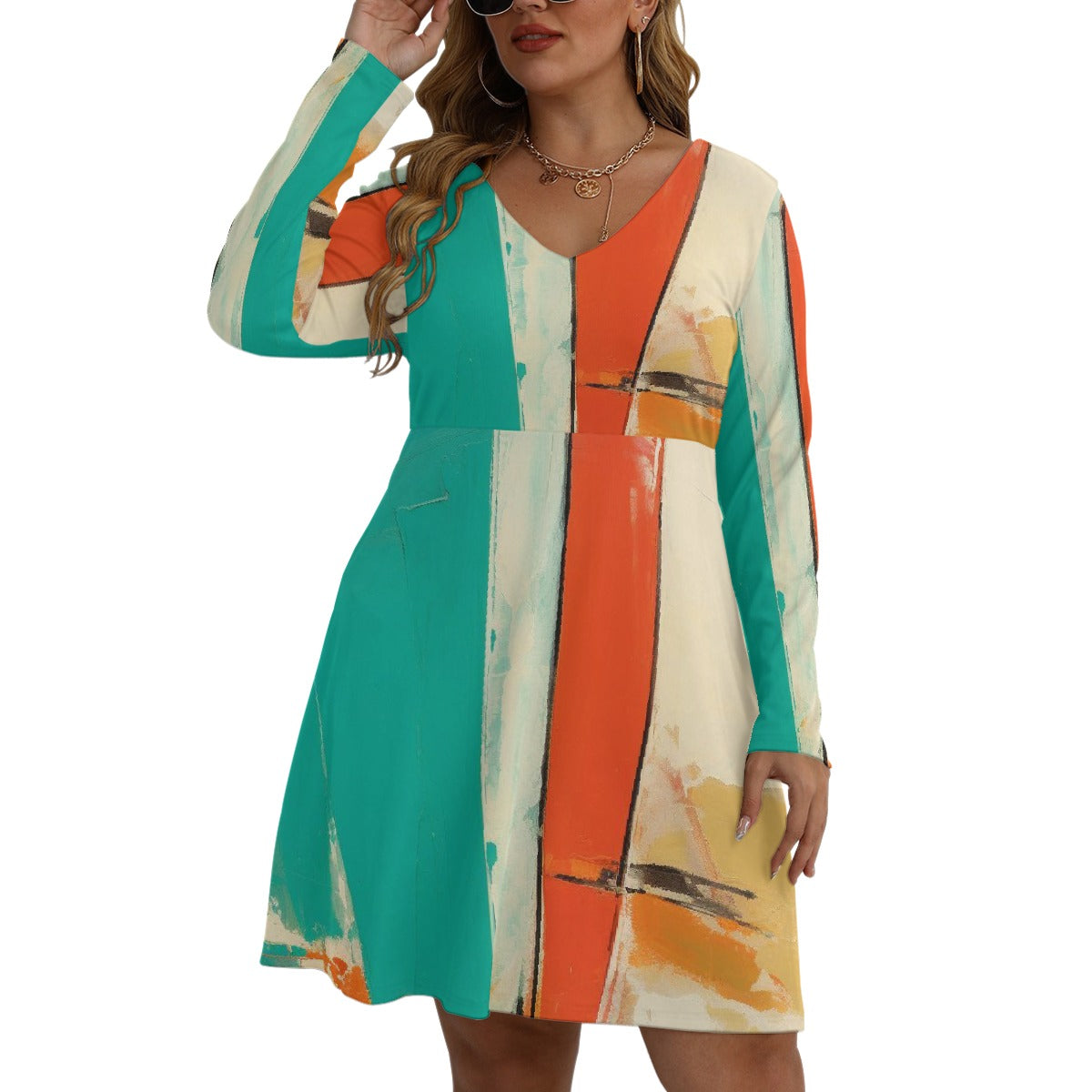 All-Over Print Women's V-neck Long Sleeve Dress(Plus Size)