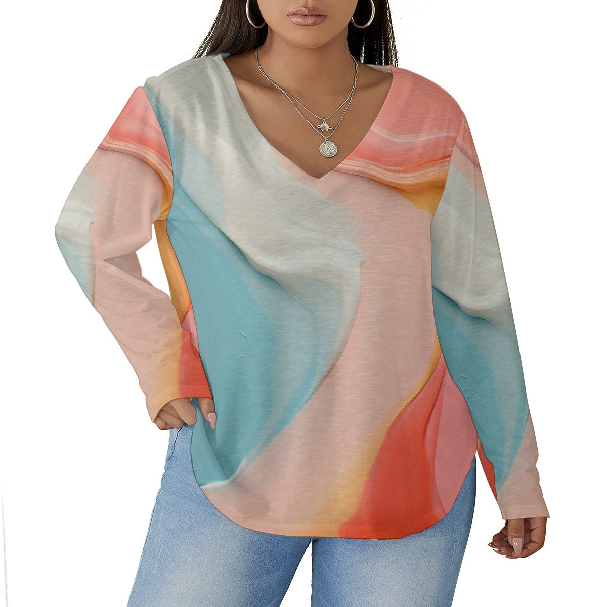 All-Over Print Women's V-neck T-shirt With Curved Hem(Plus Size)