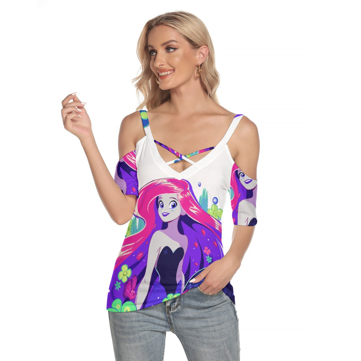 All-Over Print Women's Cold Shoulder T-shirt With Criss Cross Strips