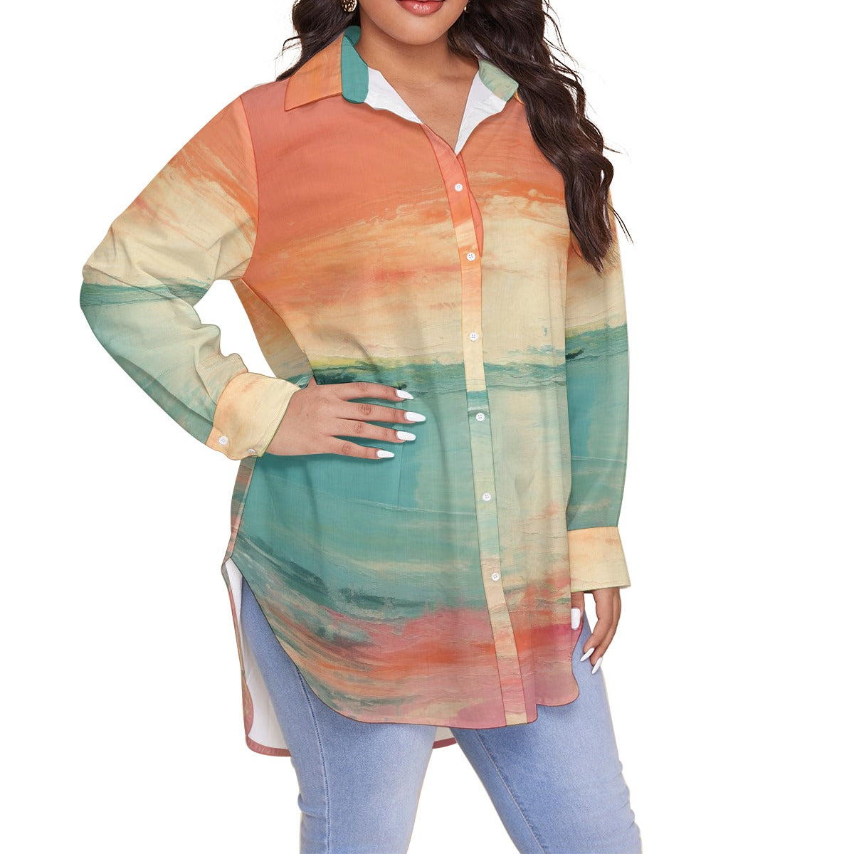 All-Over Print Women's Shirt With Long Sleeve(Plus Size)