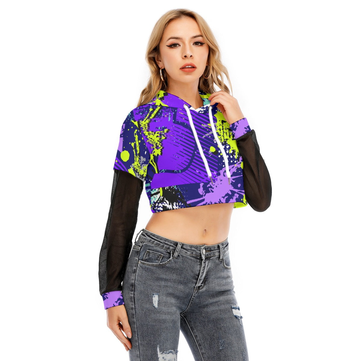 All-Over Print Women's Fake Two-piece Mesh Sleeve Cropped Hoodie