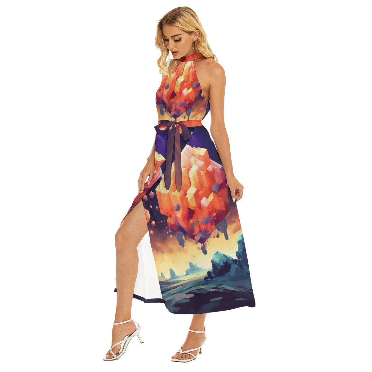 All-Over Print Women's Wrap Hem Belted Halter Dress