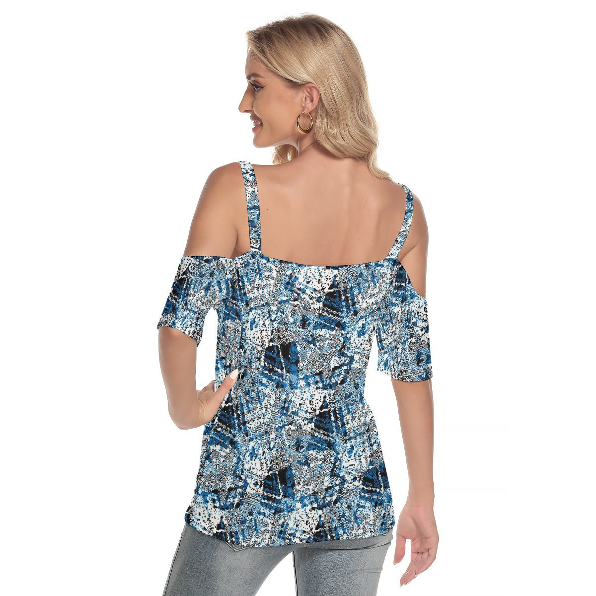 All-Over Print Women's Cold Shoulder T-shirt With Criss Cross Strips