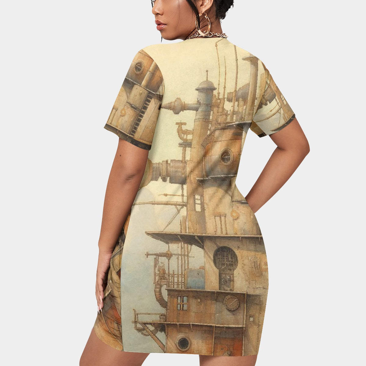 All-Over Print Women’s Stacked Hem Dress With Short Sleeve（Plus Size）