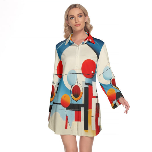 All-Over Print Women's Lapel Shirt Dress With Long Sleeve