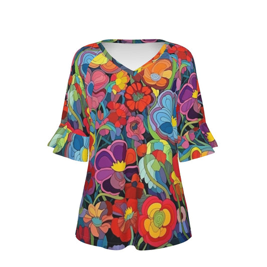 All-Over Print V-neck Women's T-shirt With Bell Sleeve