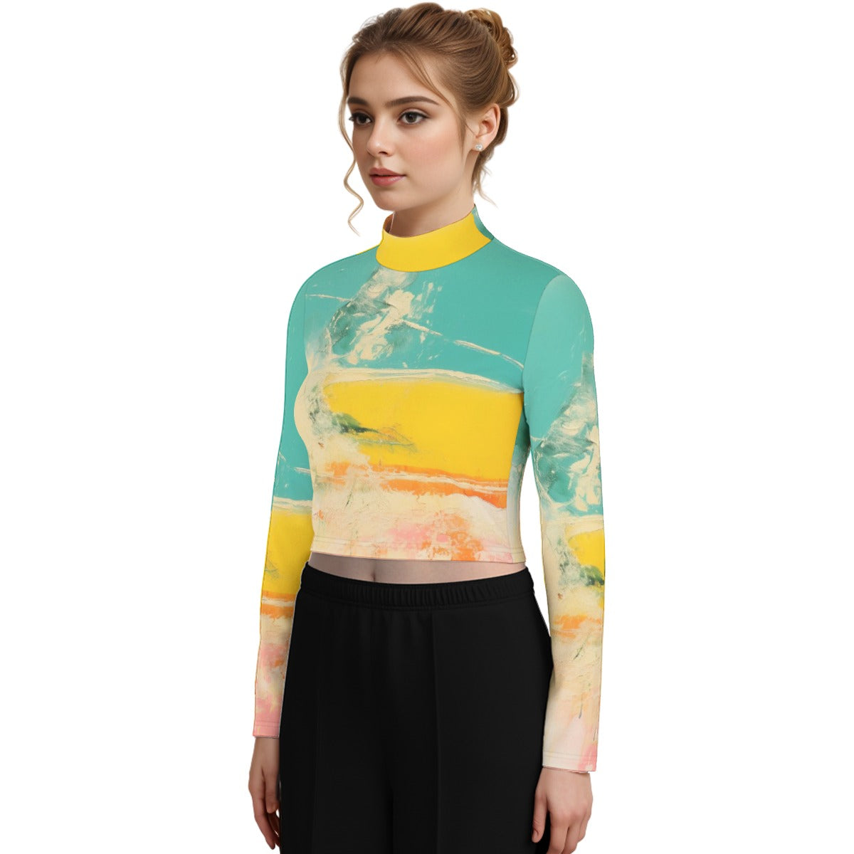 Eco-Friendly All-Over Print Women's Turtleneck T-shirt With Long Sleeve