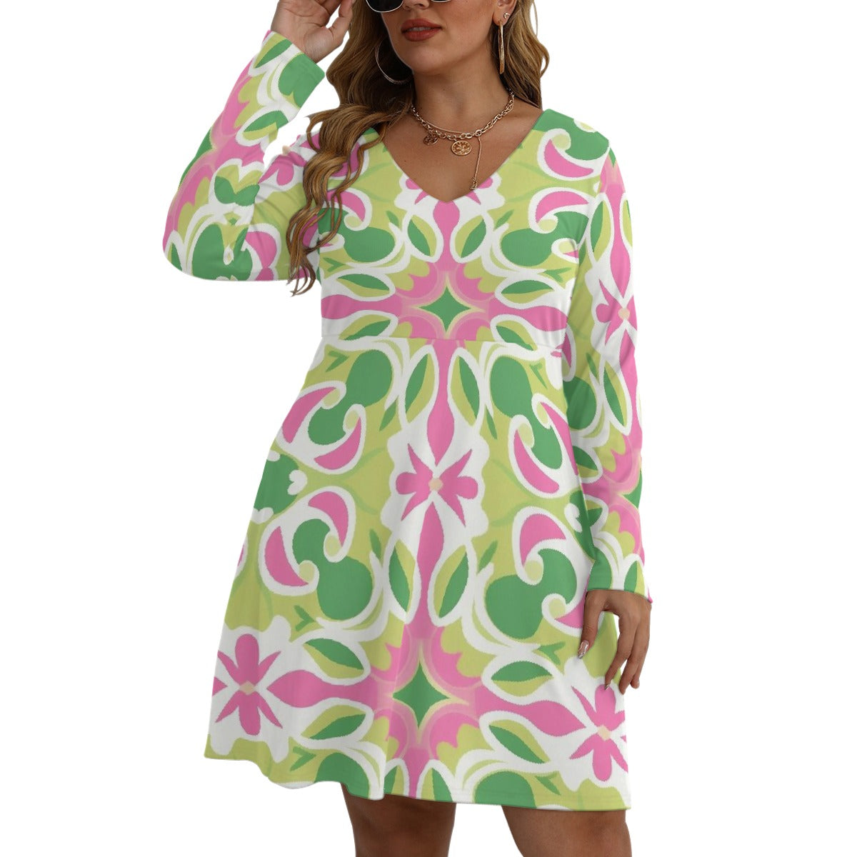 All-Over Print Women's V-neck Long Sleeve Dress(Plus Size)