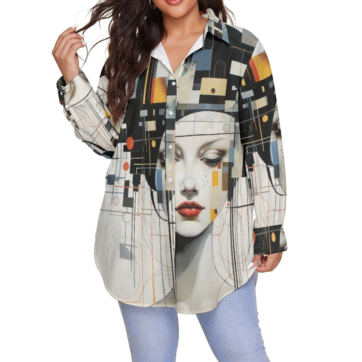 All-Over Print Women's Shirt With Long Sleeve(Plus Size)