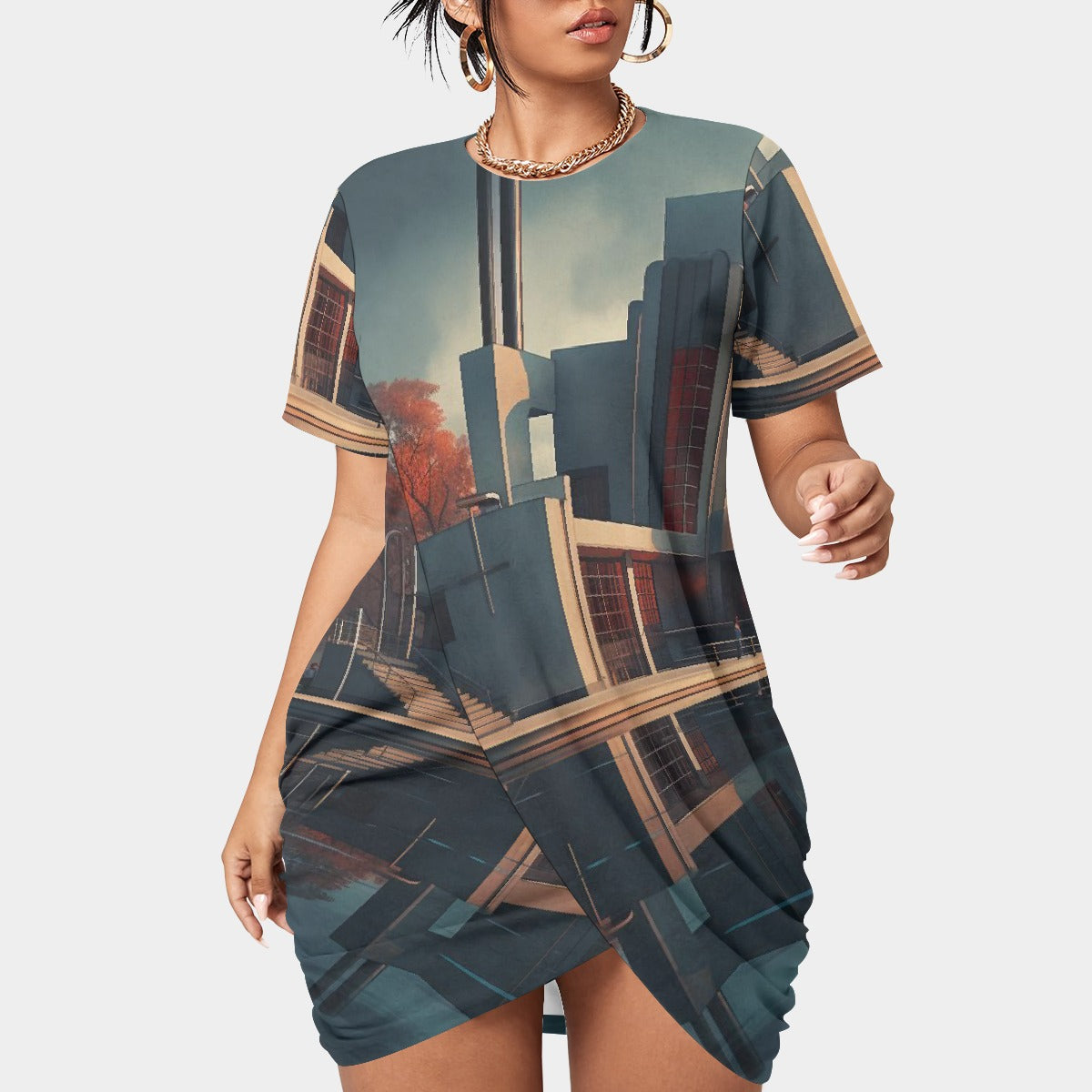 All-Over Print Women’s Stacked Hem Dress With Short Sleeve（Plus Size）