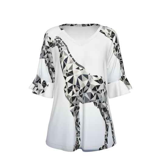 All-Over Print V-neck Women's T-shirt With Bell Sleeve