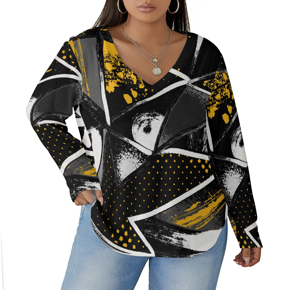 All-Over Print Women's V-neck T-shirt With Curved Hem(Plus Size)