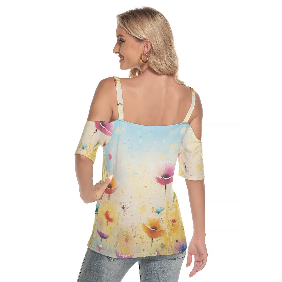 All-Over Print Women's Cold Shoulder T-shirt With Criss Cross Strips