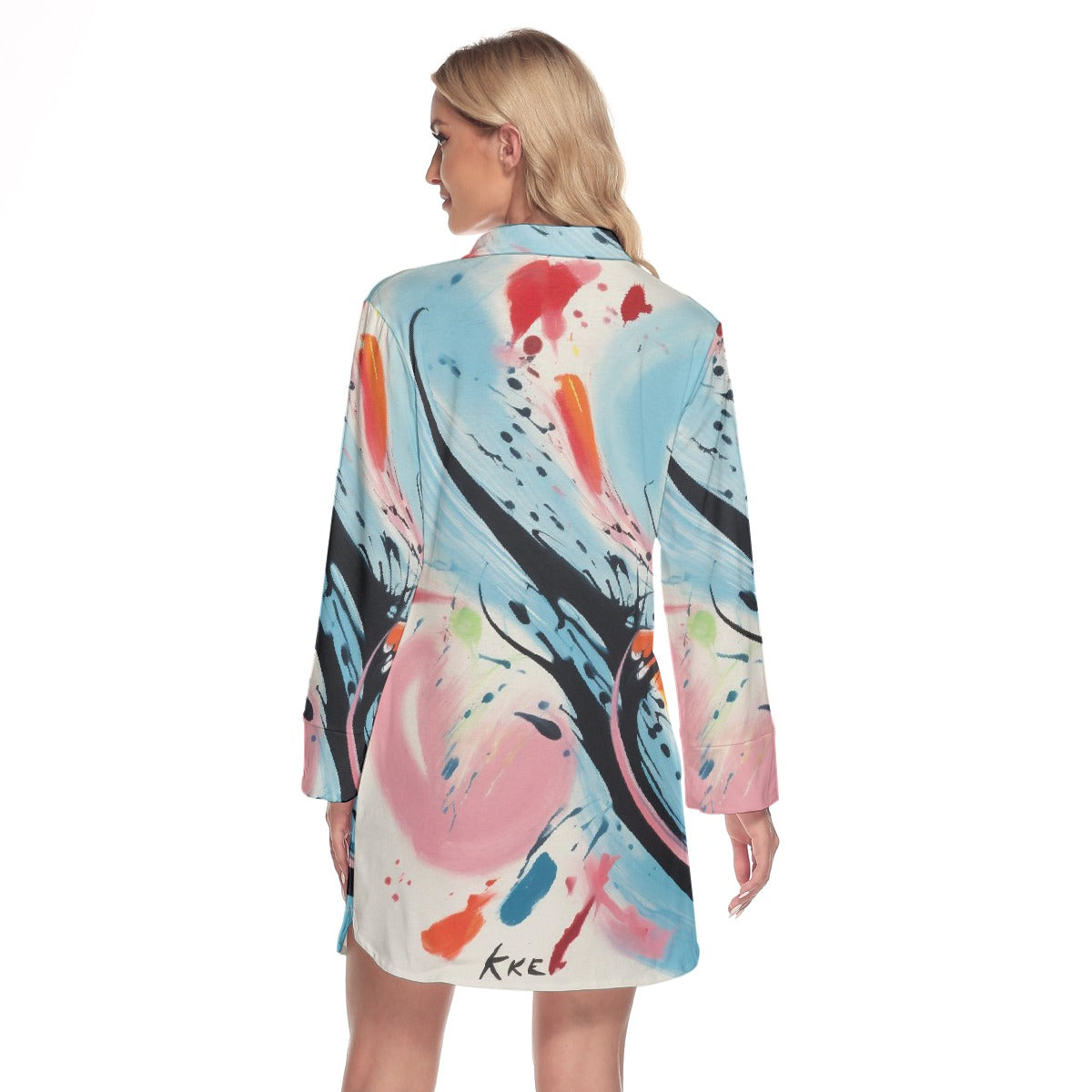 All-Over Print Women's Lapel Shirt Dress With Long Sleeve