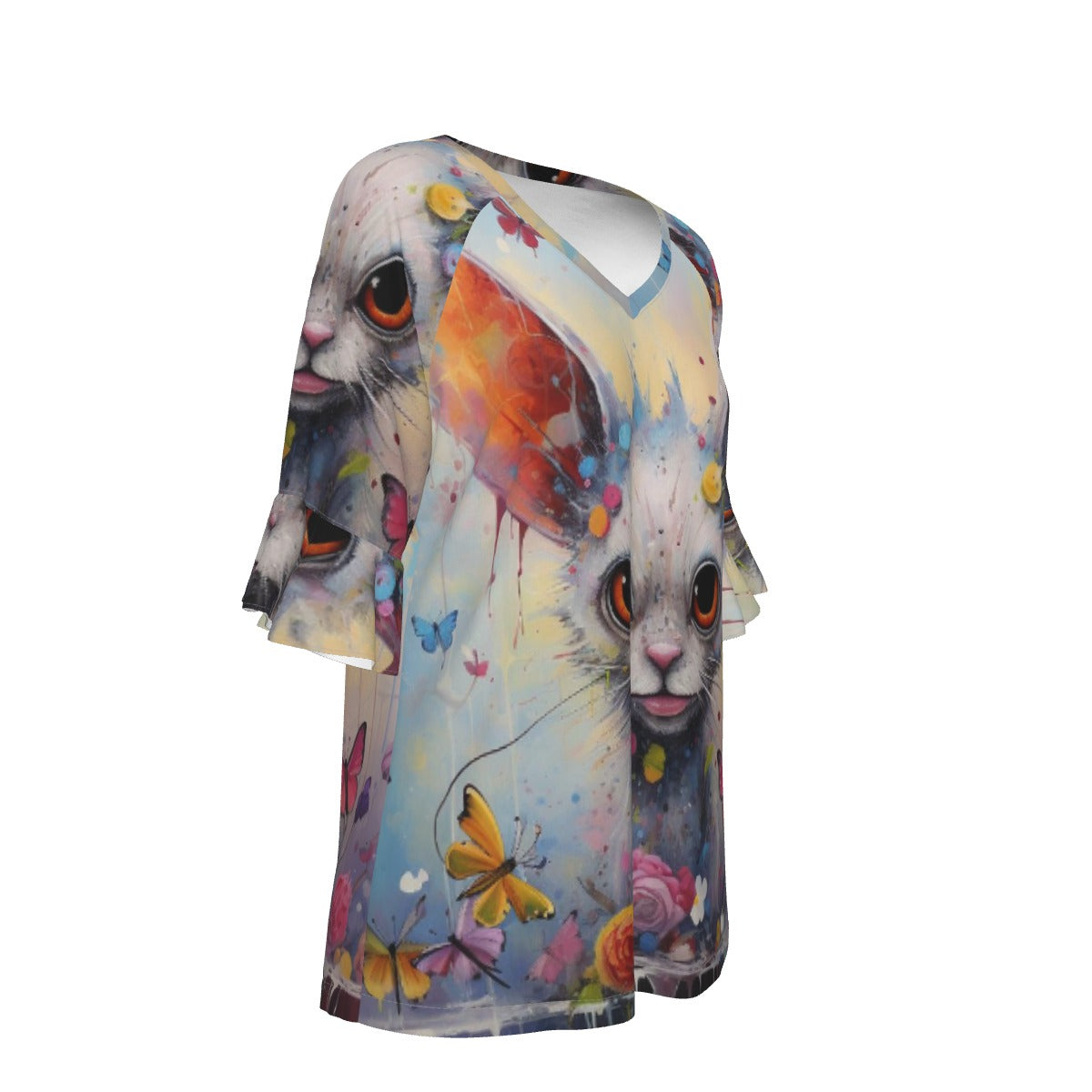 All-Over Print V-neck Women's T-shirt With Bell Sleeve