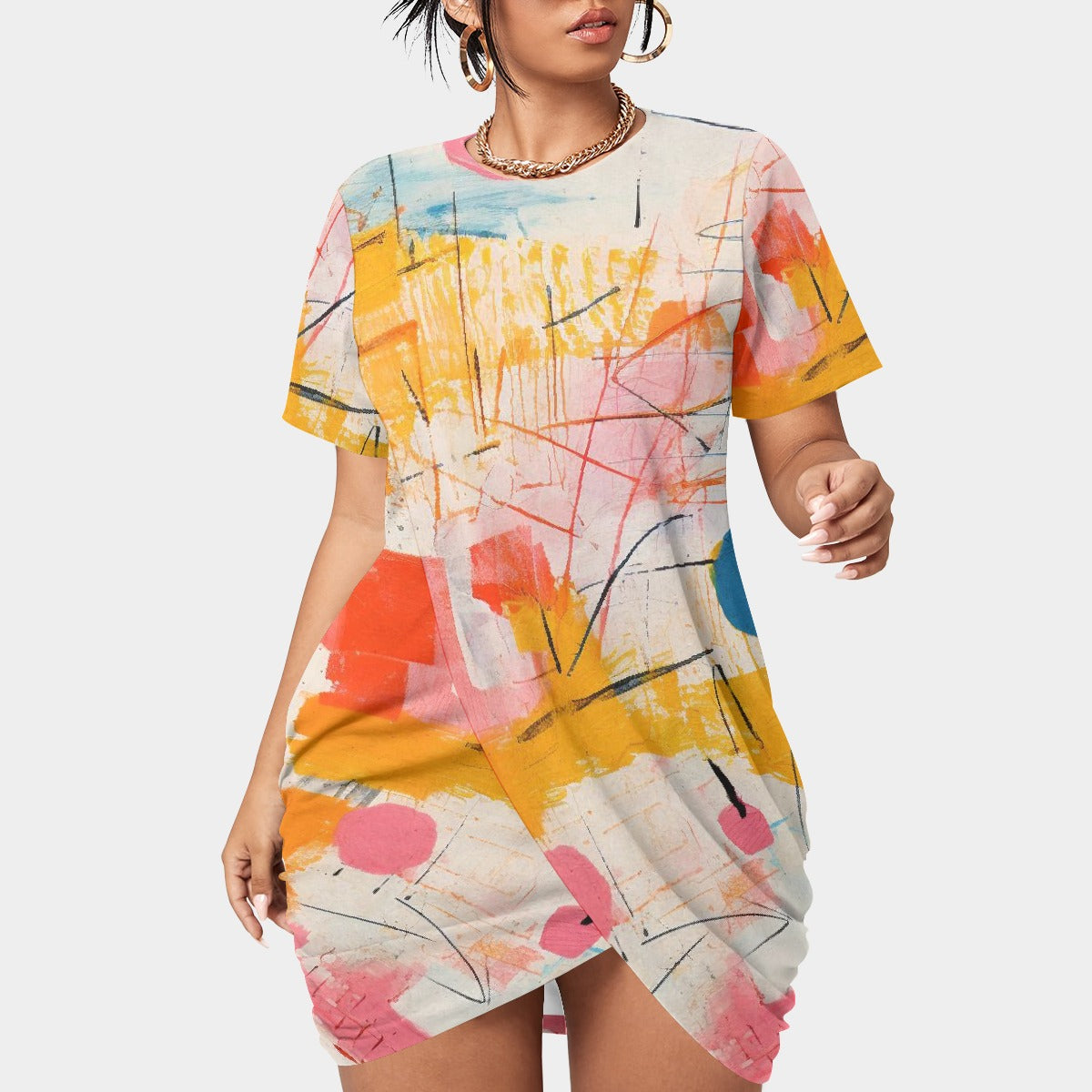 All-Over Print Women’s Stacked Hem Dress With Short Sleeve（Plus Size）