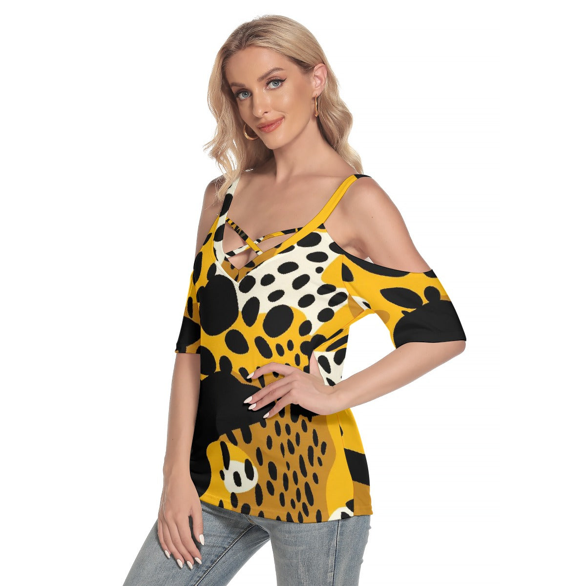 All-Over Print Women's Cold Shoulder T-shirt With Criss Cross Strips