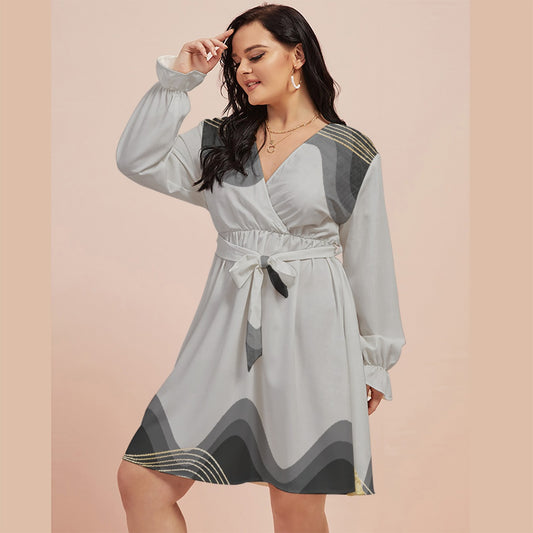 All-Over Print Women's V-neck Dress With Waistband(Plus Size)