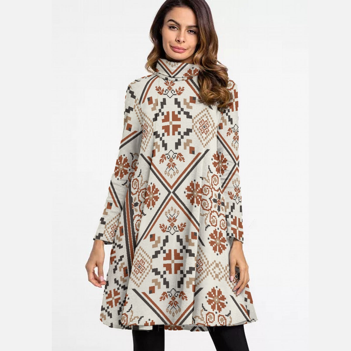 All-Over Print Women's High Neck Dress With Long Sleeve