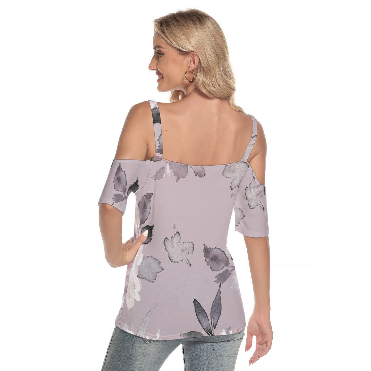 All-Over Print Women's Cold Shoulder T-shirt With Criss Cross Strips