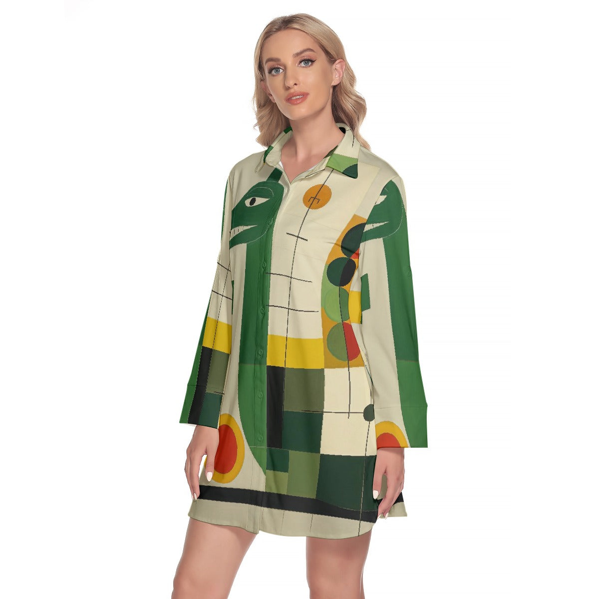 All-Over Print Women's Lapel Shirt Dress With Long Sleeve