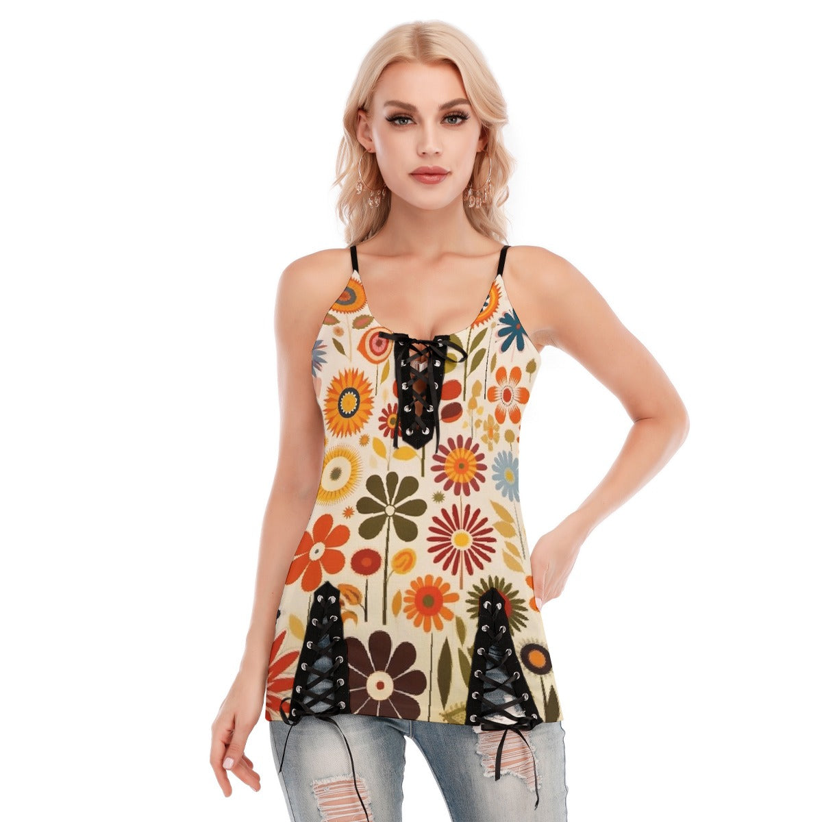 All-Over Print Women's V-neck Eyelet Lace-up Cami Dress