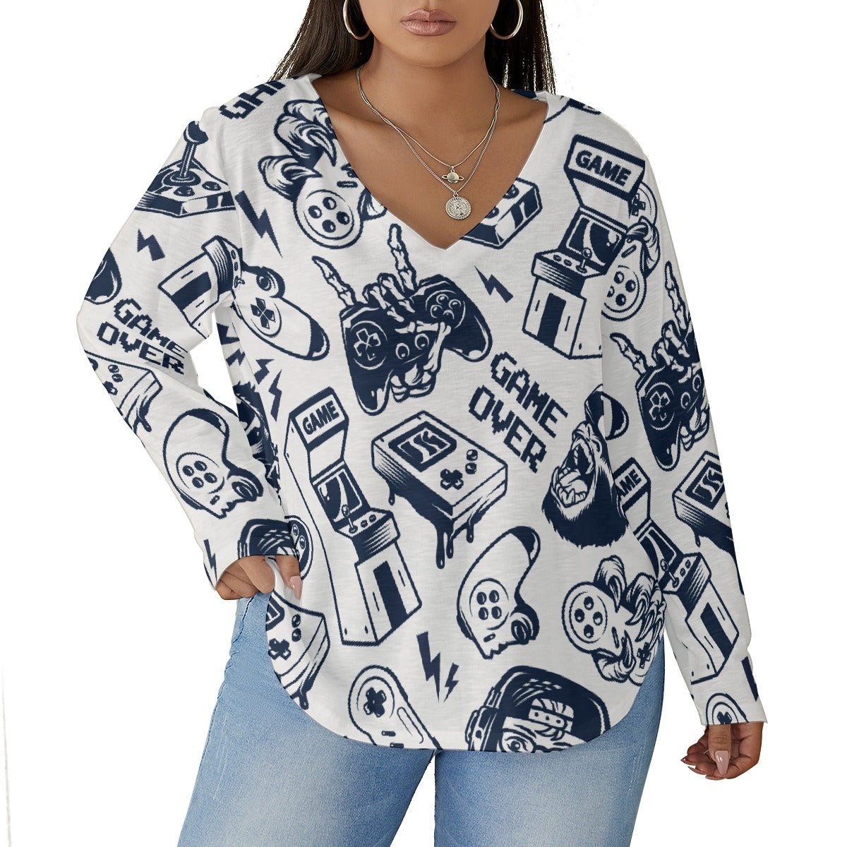 All-Over Print Women's V-neck T-shirt With Curved Hem(Plus Size)