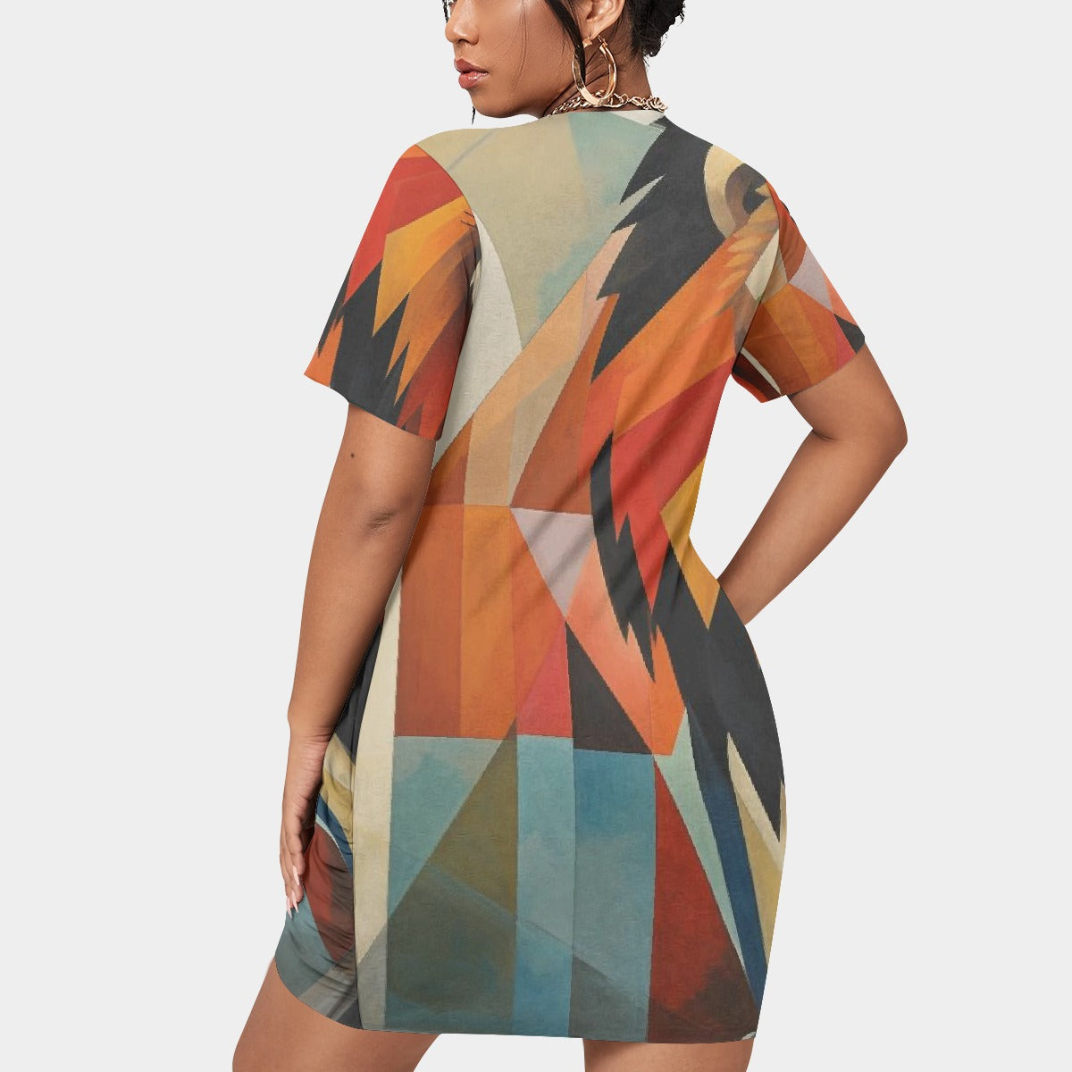 All-Over Print Women’s Stacked Hem Dress With Short Sleeve（Plus Size）