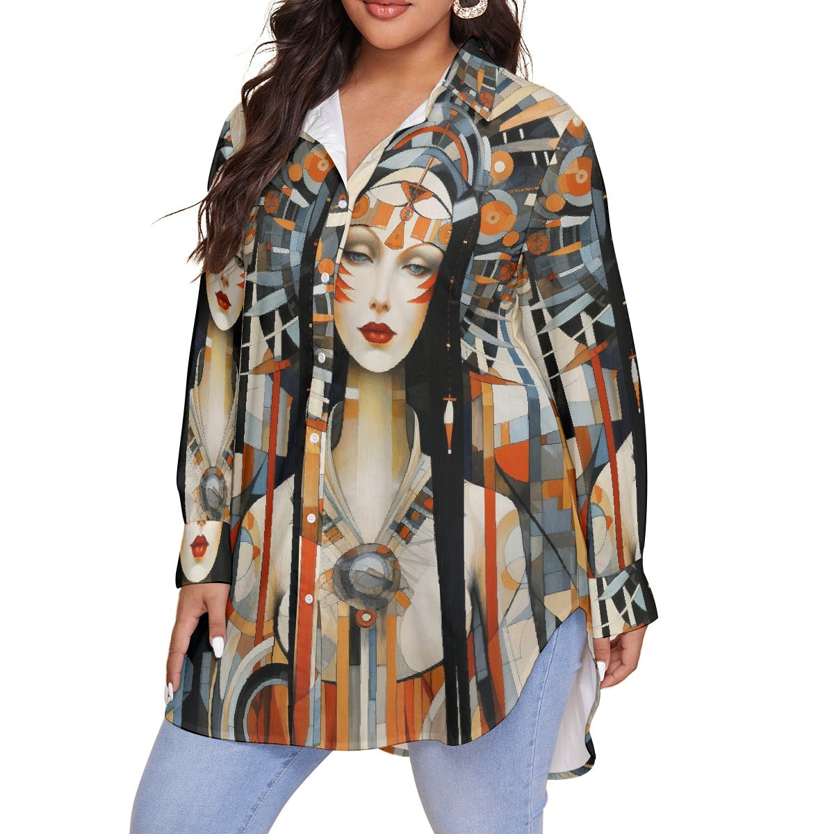 All-Over Print Women's Shirt With Long Sleeve(Plus Size)