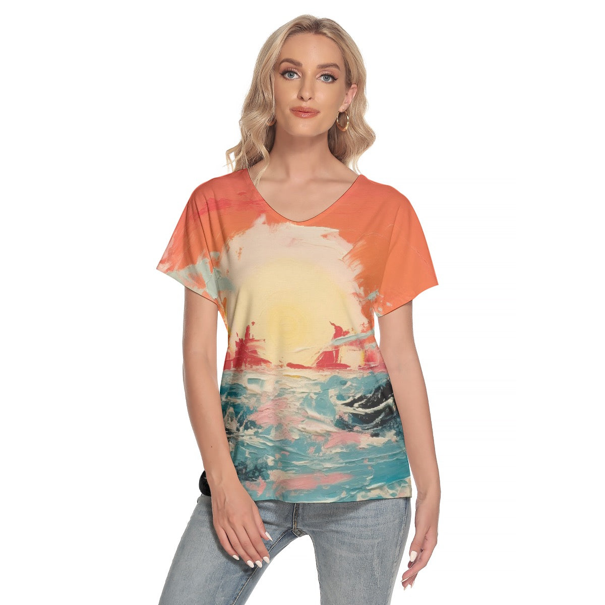 All-Over Print Women's Loose V-neck Short Sleeve T-shirt