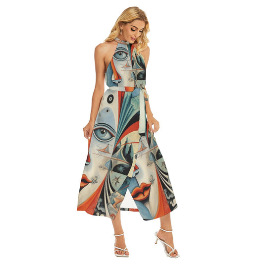 All-Over Print Women's Wrap Hem Belted Halter Dress