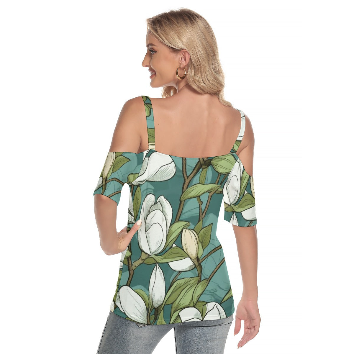 All-Over Print Women's Cold Shoulder T-shirt With Criss Cross Strips