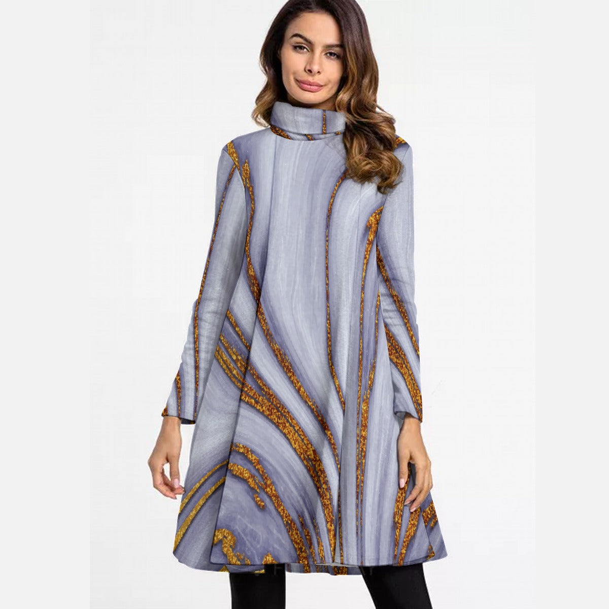 All-Over Print Women's High Neck Dress With Long Sleeve