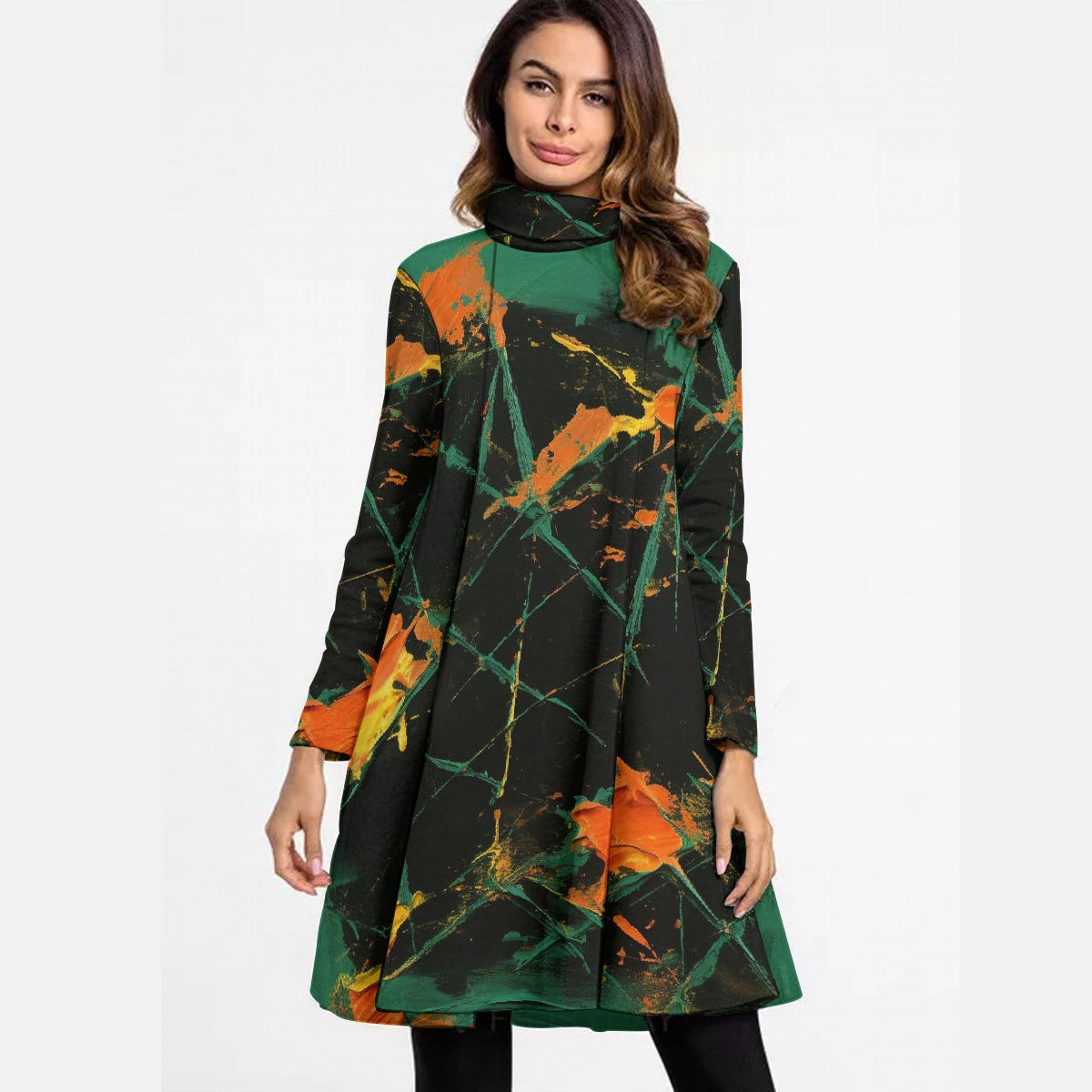 All-Over Print Women's High Neck Dress With Long Sleeve