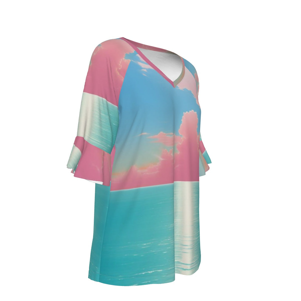 All-Over Print V-neck Women's T-shirt With Bell Sleeve