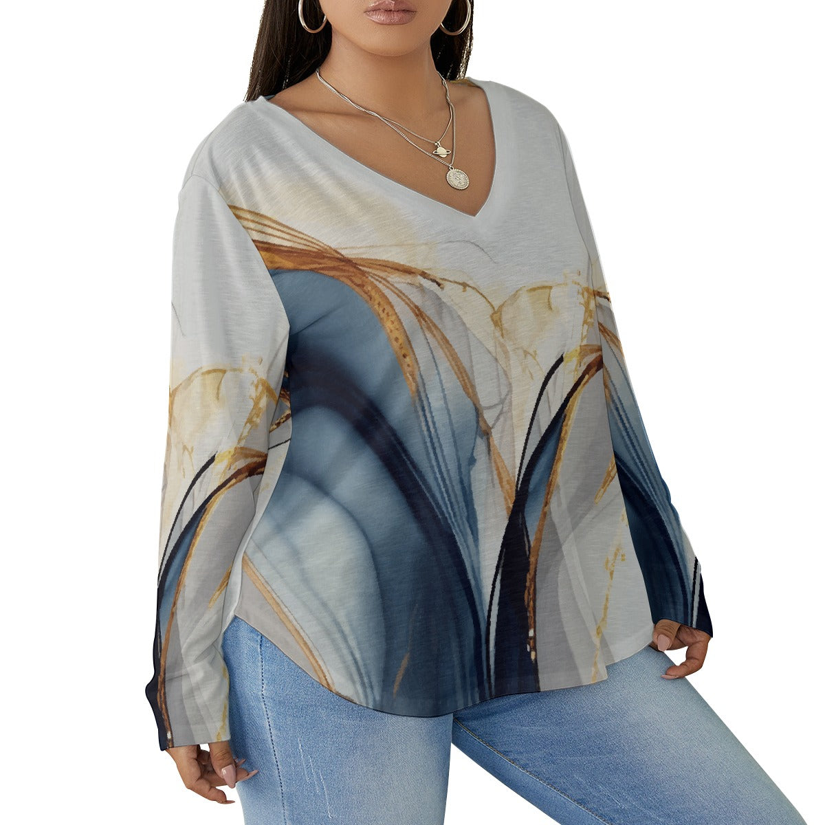 All-Over Print Women's V-neck T-shirt With Curved Hem(Plus Size)