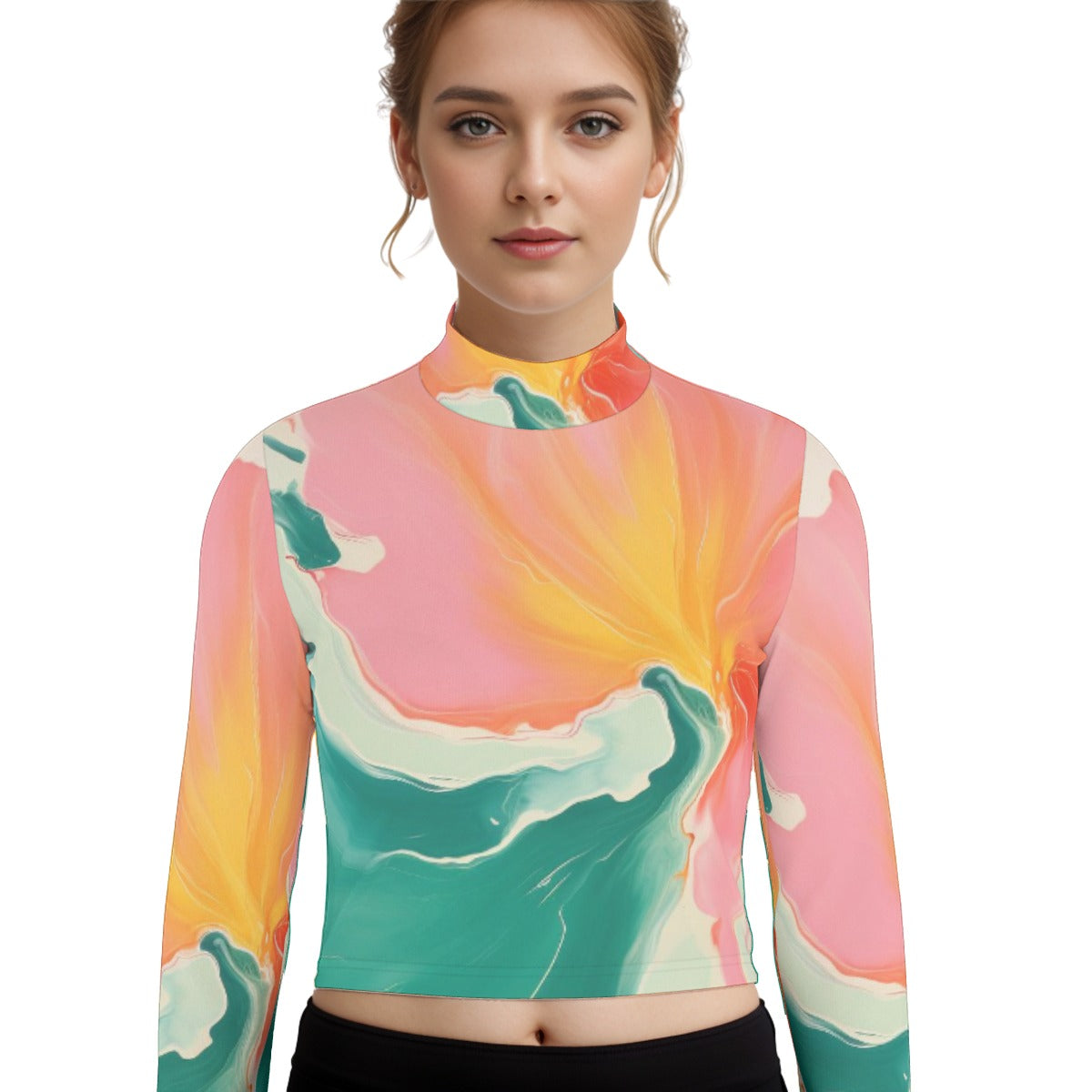 Eco-Friendly All-Over Print Women's Turtleneck T-shirt With Long Sleeve