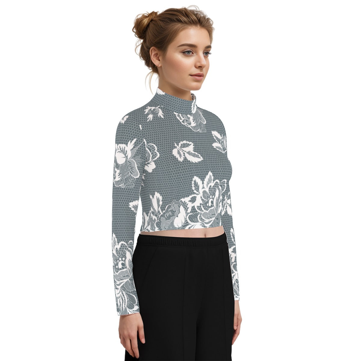 Eco-Friendly All-Over Print Women's Turtleneck T-shirt With Long Sleeve