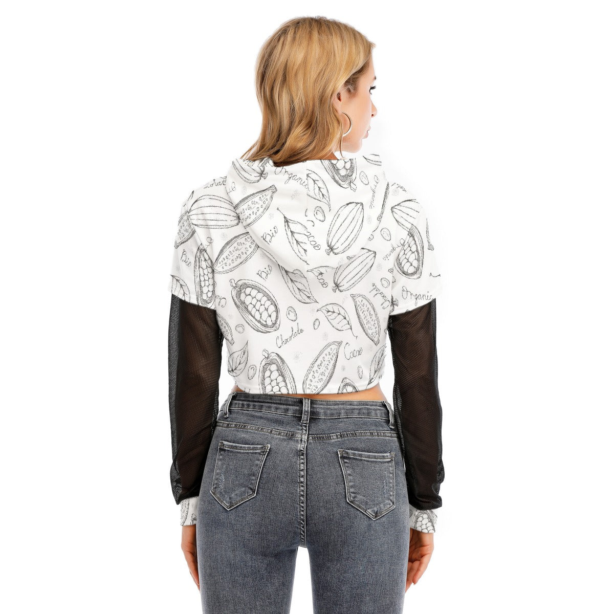 All-Over Print Women's Fake Two-piece Mesh Sleeve Cropped Hoodie