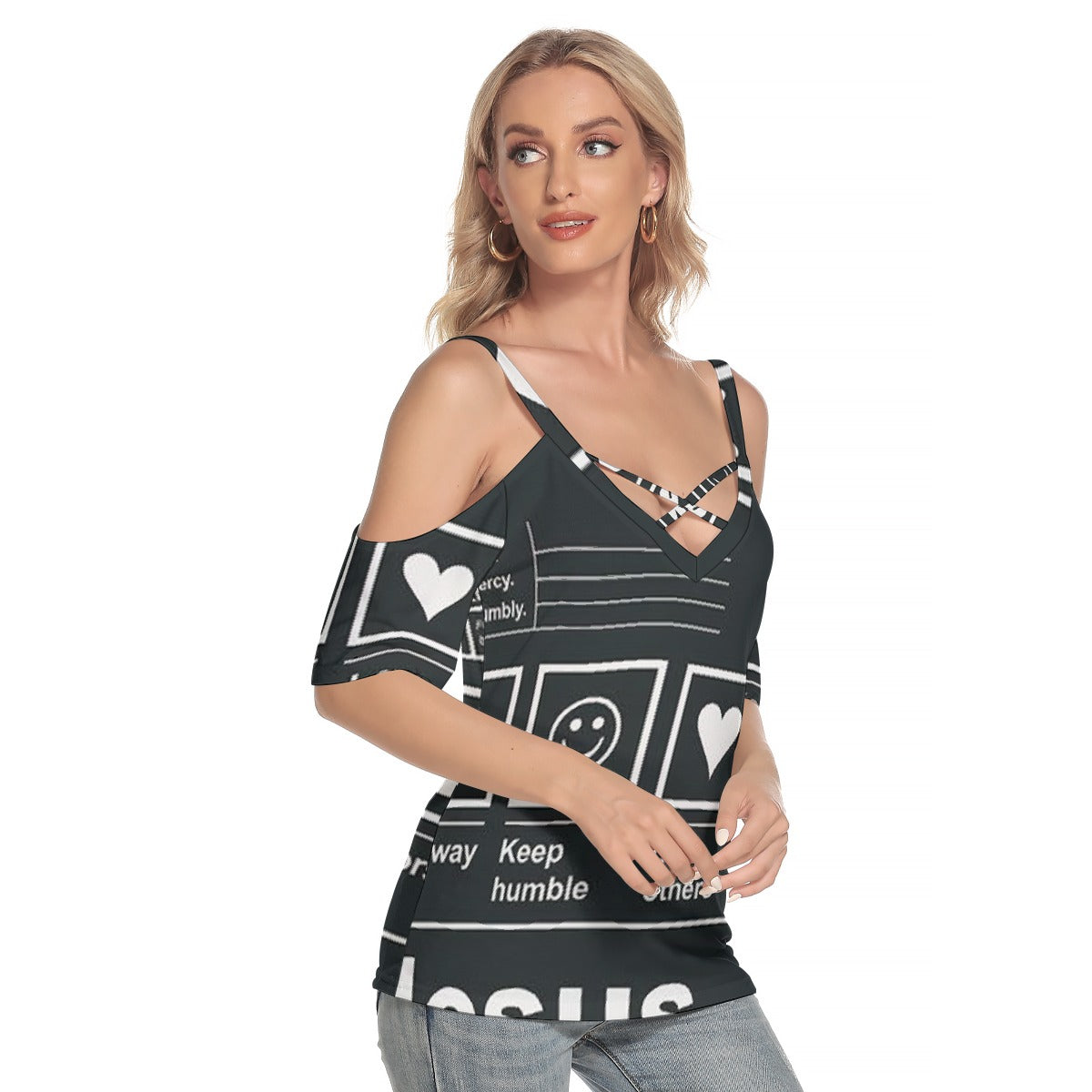 All-Over Print Women's Cold Shoulder T-shirt With Criss Cross Strips