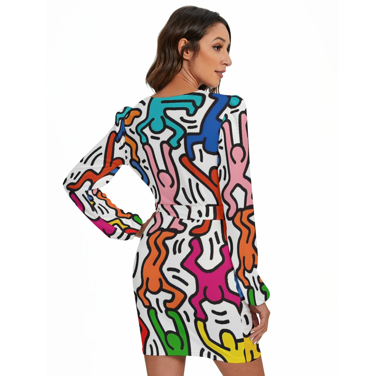 All-Over Print Women's Long Sleeve Dress With Waist Belt