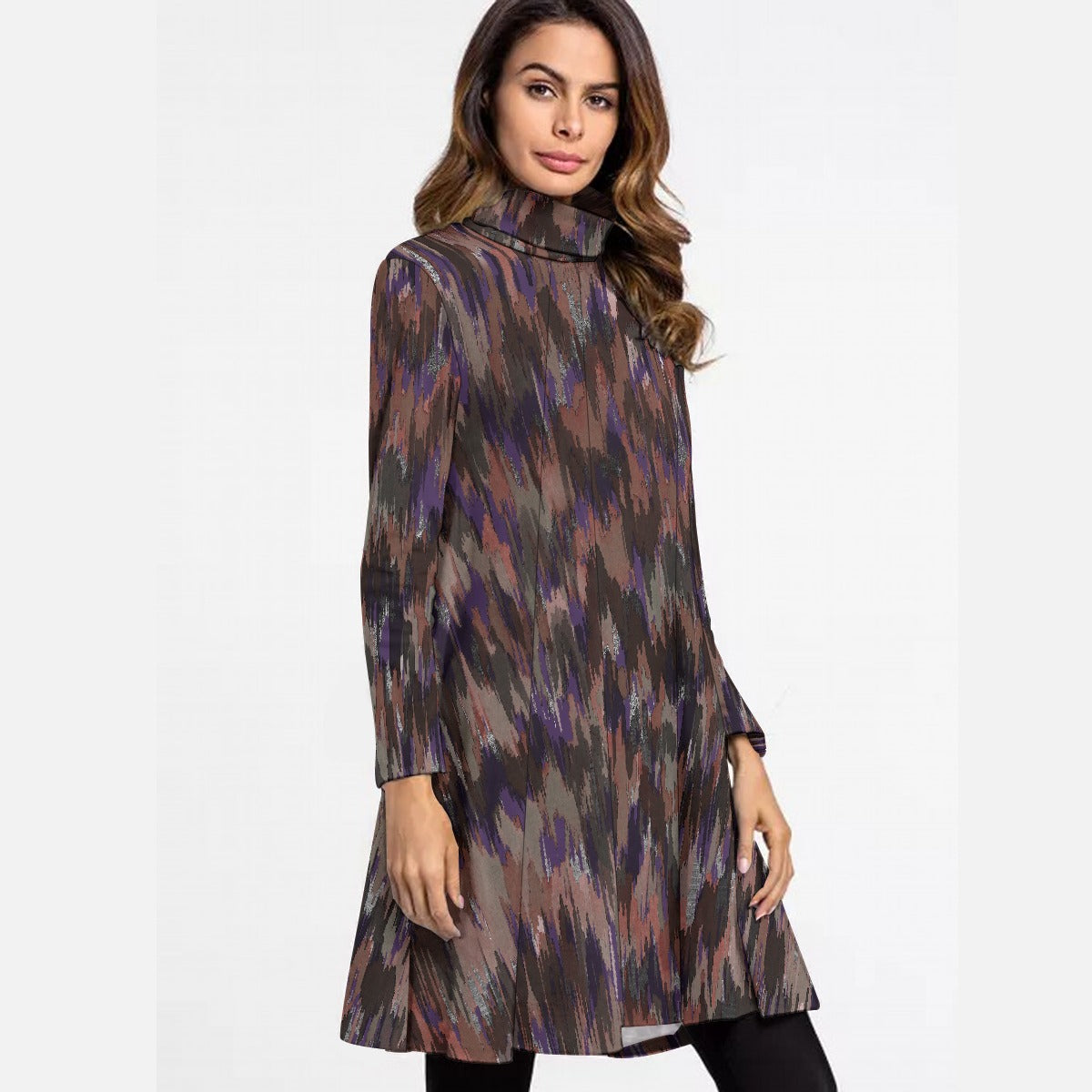 All-Over Print Women's High Neck Dress With Long Sleeve